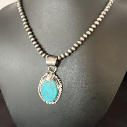 Men's Blue Kingman Turquoise Pendant Necklace | Navajo Pearls | Sterling Silver | 16019