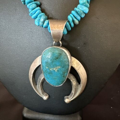 Navajo Blue Kingman Turquoise Naja Pendant Necklace | Sterling Silver | 26" | Authentic Native American Handmade | 16065