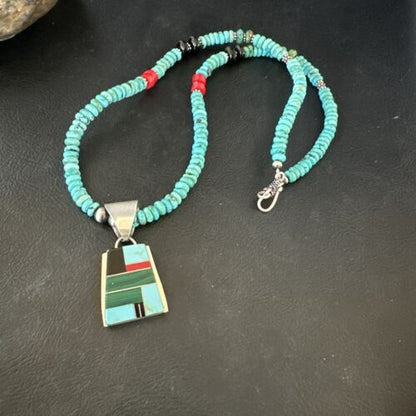 Navajo Turquoise Lapis Inlay Pendant Necklace | Sterling Silver | 20" | Authentic Native American Handmade | 17508