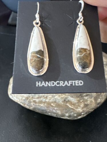 Navajo White Buffalo Turquoise Dangle Earrings | Sterling Silver | Authentic Native American Handmade | 16521