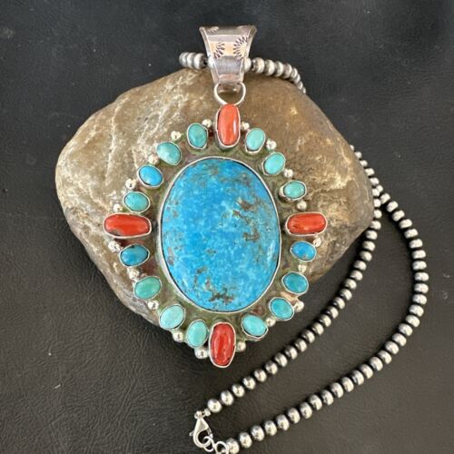 Navajo Red Spiny oyster | Blue Turquoise Pendant Necklace | Sterling Silver | Multi-Stone | 17148