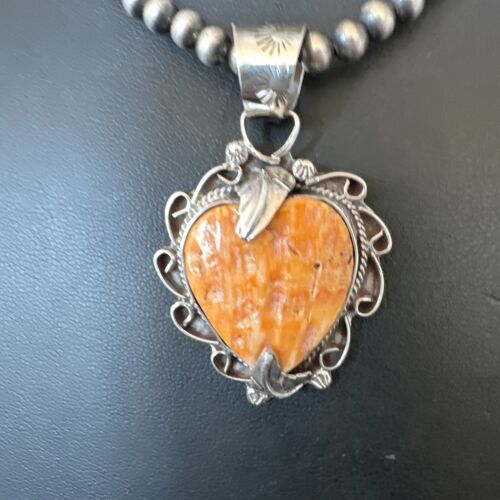Navajo Orange Spiny Oyster Heart Pendant Necklace | Sterling Silver | Authentic Native American Handmade | 16297