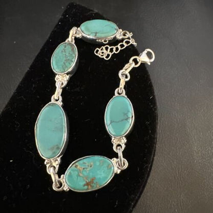 Navajo Blue Turquoise Link Bracelet | Sterling Silver | 8" | Authentic Native American Handmade | 15468