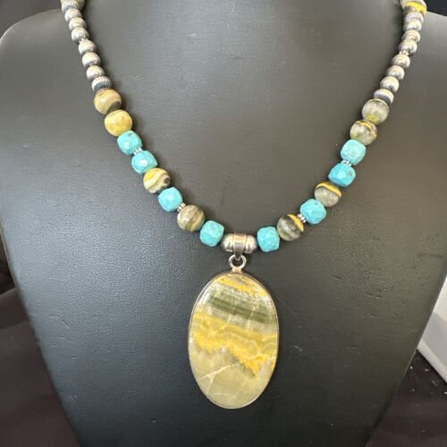 Men's BumbleBee Jasper Pendant Necklace | Navajo Pearls | Sterling Silver | Authentic Native American Handmade | 16878