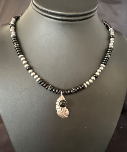 Navajo Black Onyx Pendant | Pearl Sterling Silver Necklace | Authentic Native American Handmade | 14899