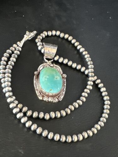 Navajo Pearls Blue Turquoise Necklace Pendant | Sterling Silver | Authentic Native American Handmade | 17390