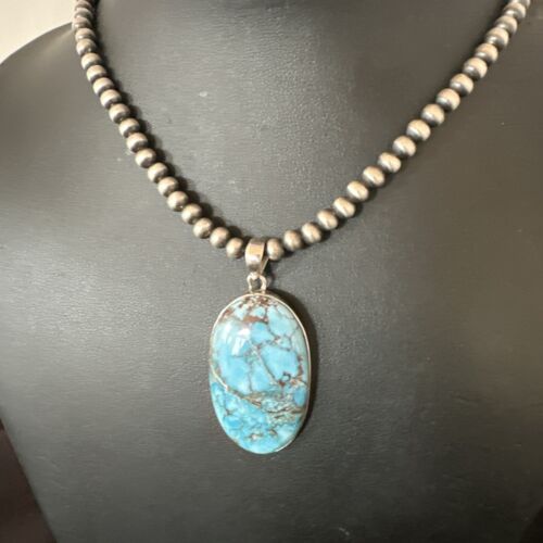 Navajo Blue Spiderweb Turquoise Pendant Necklace | Sterling Silver | Authentic Native American Handmade | 17020