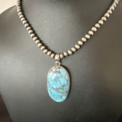 Navajo Blue Spiderweb Turquoise Pendant Necklace | Sterling Silver | Authentic Native American Handmade | 17020
