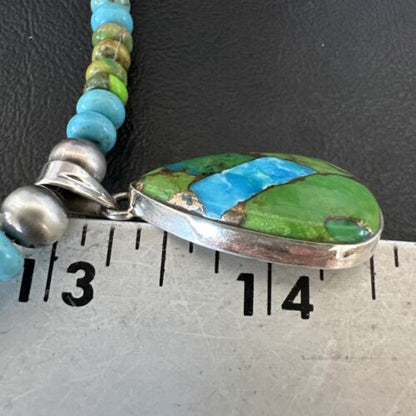Navajo Blue Green Mojave Turquoise Pendant | Sterling Silver Pearl Necklace | Authentic Native American Handmade | 16923