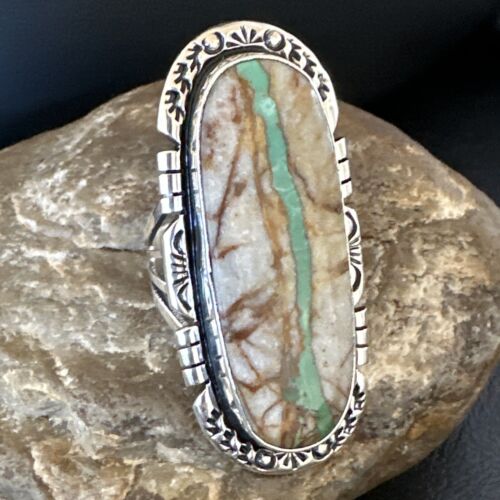 Navajo Ribbon Boulder Green Turquoise Ring | Sterling Silver | Sz 10 | Authentic Native American Handmade | 16253