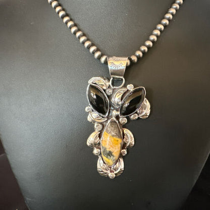 Men's Navajo Pearls Onyx Bumblebee Jasper Pendant | Sterling Silver | Multi-Stone Necklace | 15415