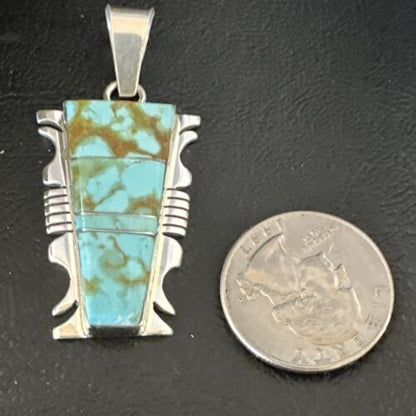 Navajo Blue #8 Turquoise Inlay Pendant | Sterling Silver | 2" | Authentic Native American Handmade | 15683