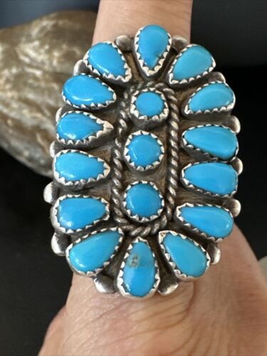 Navajo Blue Turquoise Cluster Ring | Authentic Native American Sterling Silver | Multi-Stone | Sz 10 | 16327