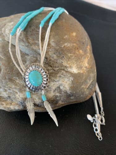 Girls Turquoise Liquid Heishi Necklace | 3-Strand Sterling Silver with Feather Pendant | 02049