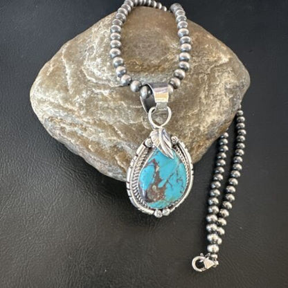 Navajo Blue Kingman Turquoise Pendant Necklace | Sterling Silver | Native American Handmade | 16023