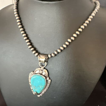 Navajo Blue Turquoise Pendant Necklace | Sterling Silver Pearls | Authentic Native American Handmade | 15646