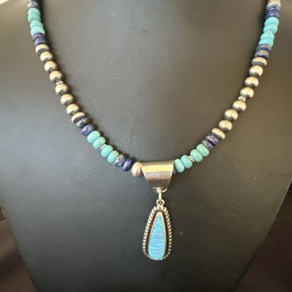 Navajo Opal Inlay Pendant with Turquoise & Lapis | Sterling Silver Necklace | Authentic Native American Handmade | 16849