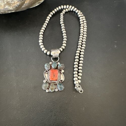 Navajo Turquoise Coral Cluster Pendant Necklace | Sterling Silver | Authentic Native American Handmade | 17186