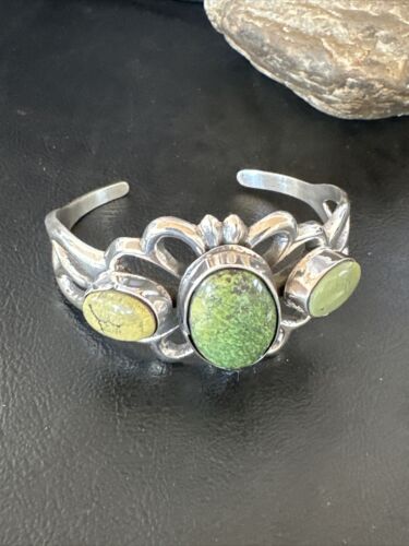 Navajo Green Turquoise Cuff Bracelet | Sterling Silver Tufa Cast | Authentic Native American Handmade | 16787