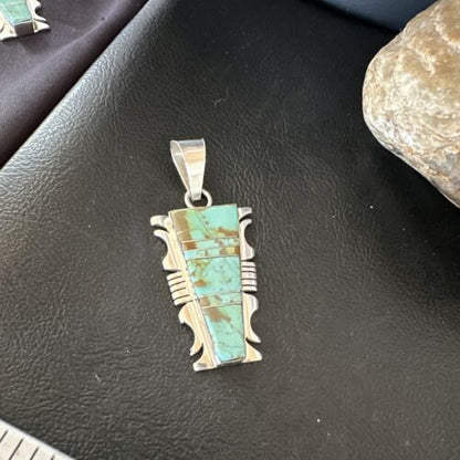 Navajo Blue #8 Turquoise Inlay Pendant | Sterling Silver | 2" | Authentic Native American Handmade | 15684