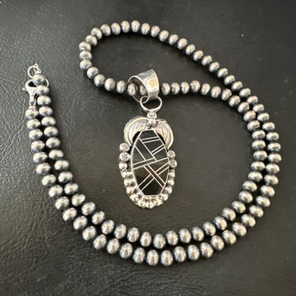 Navajo Pearls Black Onyx Inlay Necklace Pendant | Sterling Silver | Authentic Native American Handmade | 16535