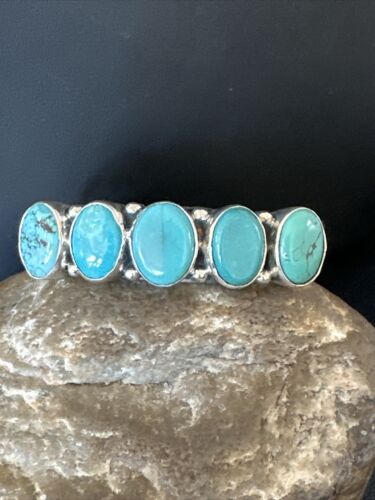 Women's Blue Turquoise 5-Stone Cuff Bracelet | Navajo Sterling Silver | Authentic Native American Jewelry | 16281