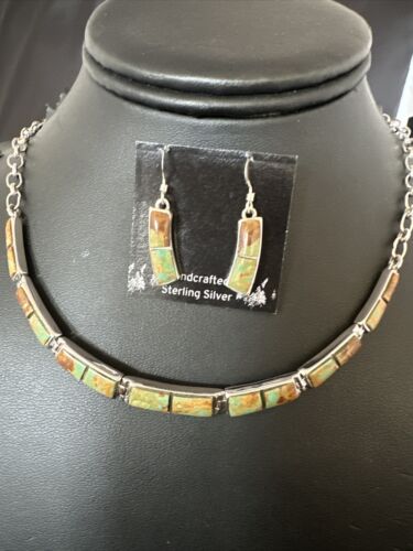 Navajo Choker Necklace with Blue #8 Turquoise Inlay | Sterling Silver Earrings Set | Authentic Native American Handmade | 16266