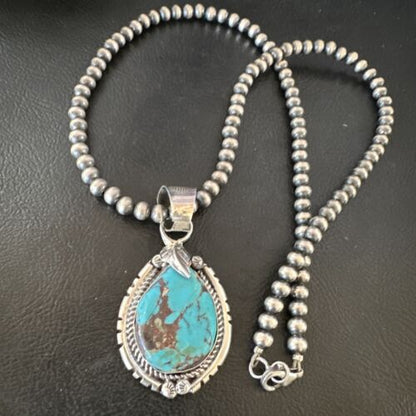 Navajo Blue Kingman Turquoise Pendant Necklace | Sterling Silver | Native American Handmade | 16023