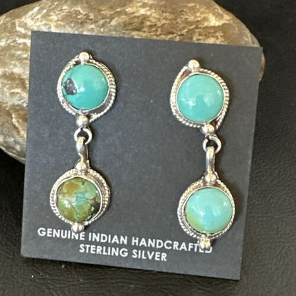 Navajo Blue Green Turquoise Dangle Earrings | Sterling Silver | 1.5" | Authentic Native American Handmade | 17387