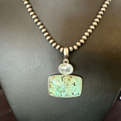 Navajo Dry Creek Turquoise Topaz Pendant Necklace | Sterling Silver | Authentic Native American Handmade | 16446
