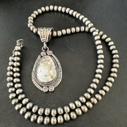 Navajo White Buffalo Turquoise Pendant Necklace | Sterling Silver | Authentic Native American Handmade | 17512 - Masha USA