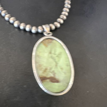 Navajo Green Gaspeite Pendant Necklace | Sterling Silver | Authentic Native American Handmade | 15487