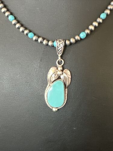 Navajo Pearls Kingman Turquoise Pendant Necklace | Sterling Silver | Authentic Native American Handmade | 14894