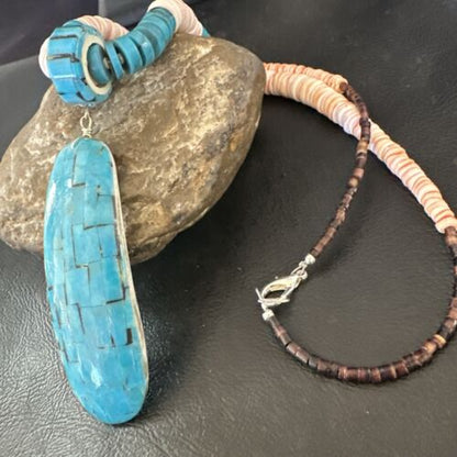 Santo Domingo Turquoise Spiny Oyster Inlay Pendant Necklace | Sterling Silver | 22" | 17437