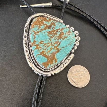 XL Men's Blue Turquoise #8 Bolo Tie | Navajo Sterling Silver | Authentic Native American Handmade | 17005