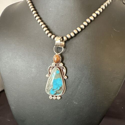Navajo Blue Kingman Turquoise Wild Horse Pendant Necklace | Sterling Silver | Authentic Native American Handmade | 17222