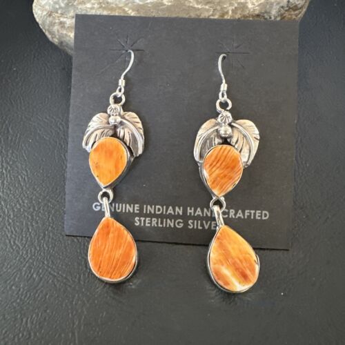 Navajo Orange Spiny Oyster Dangle Earrings | Sterling Silver | 1.5" | Authentic Native American Handmade | 16570