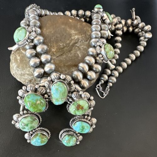 Navajo Green Sonoran Gold Turquoise Squash Blossom Necklace Pendant | Sterling Silver | Native American Handmade | 16546