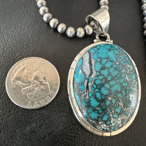 Men's Navajo Blue Spiderweb Turquoise Pendant Necklace | Sterling Silver | Authentic Native American Handmade | 16193