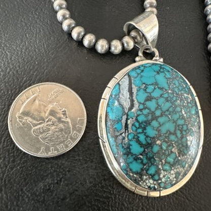Men's Navajo Blue Spiderweb Turquoise Pendant Necklace | Sterling Silver | Authentic Native American Handmade | 16193