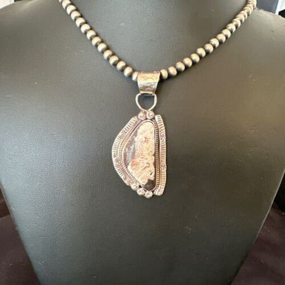 White Buffalo Turquoise Pendant | Navajo Pearls | Sterling Silver Necklace 21" | 17106