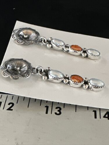 Navajo Orange Spiny Oyster Dangle Earrings | Sterling Silver Pearls | Authentic Native American Handmade | 15328