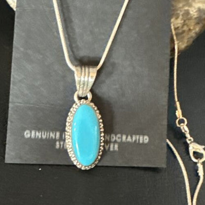 Navajo Blue Turquoise Pendant Necklace | Sterling Silver Chain | Authentic Native American Handmade | 20" | 12601