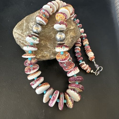 Purple Spiny Oyster & Turquoise Necklace | Navajo Sterling Silver | Authentic Native American | 25" | 15023