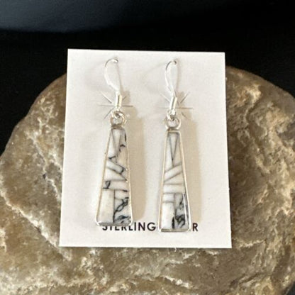 White Buffalo Turquoise Inlay Earrings | Navajo Sterling Silver | Authentic Native American Handmade | 15702