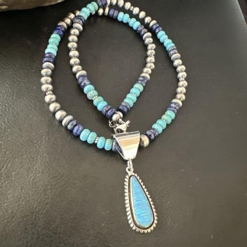 Navajo Opal Inlay Pendant with Turquoise & Lapis | Sterling Silver Necklace | Authentic Native American Handmade | 16849