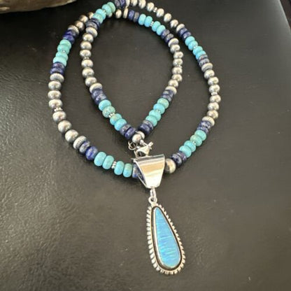 Navajo Opal Inlay Pendant with Turquoise & Lapis | Sterling Silver Necklace | Authentic Native American Handmade | 16849