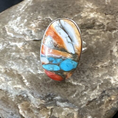 Navajo Turquoise Spiny Oyster Ring | Sterling Silver | Sz 8 | Authentic Native American Handmade | 16609 - Masha USA
