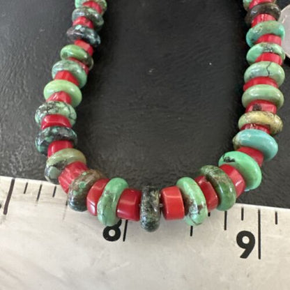 Navajo Green Turquoise and Round Coral Necklace | Sterling Silver | 18" | Authentic Native American Handmade | 17580 - Masha USA