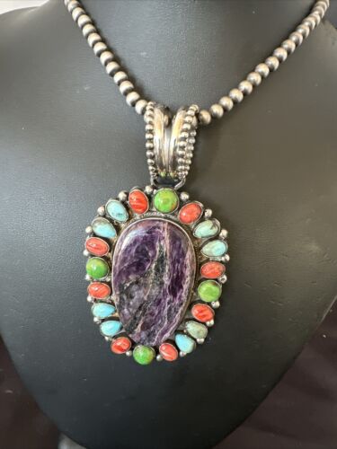 Navajo Purple Charoite Spiny Turquoise Pendant Necklace | Sterling Silver | Multi-Stone | 17146